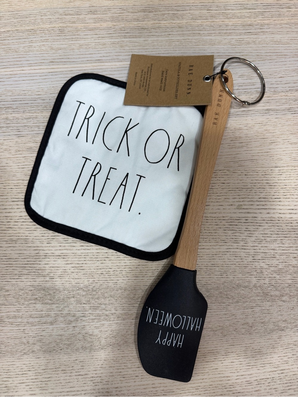 Rae Dunn Black & White 'Trick or Treat' Pot Holder and Spatula Set